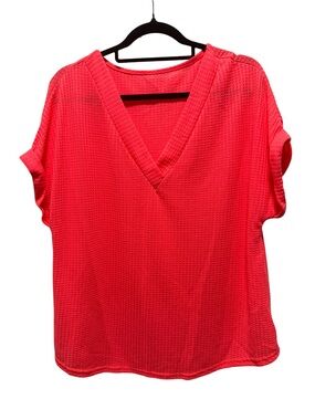 Women’s V-Neck Textured Short Sleeve Top - Coral Pink